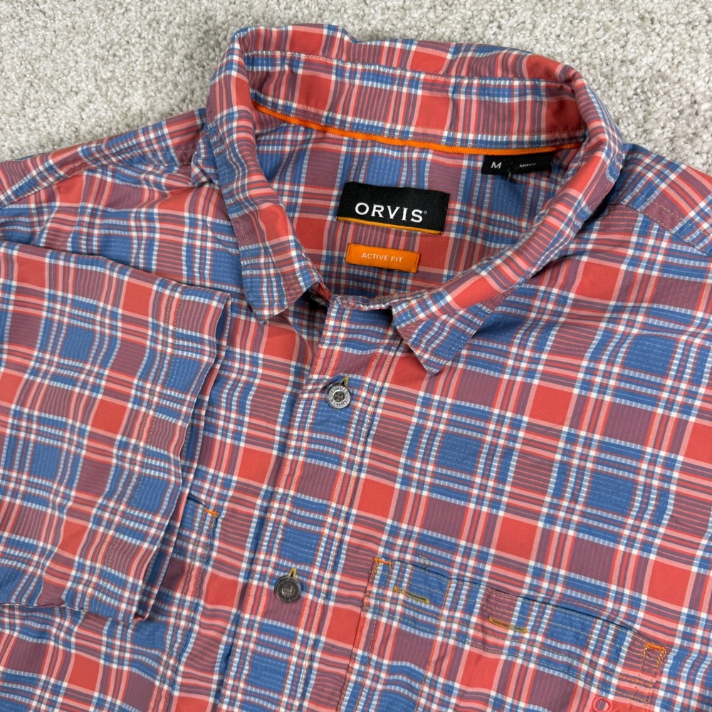 Orvis Button Down Shirt Mens Medium Red Blue Plaid Active Fit Short Sleeve